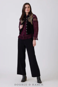 A VEST TO IMPRESS!
This luxe beauty does double duty! It features a full front placket of custom concho buttons and a chic standup military collar that allows it to be worn as a sleeveless top or styled open as a tradition vest that takes your outfit up a level! The gorgeous black velvet serves as a sleek canvas for the elegant embroidery of intricate paisleys complemented by the contrasting trim.
color: black
content: 65% viscose, 35% silk
embellishments: embroidery
size: S, M, L
fit: slim
style number: V1023
collection: Old Country
due mid-November A VEST TO IMPRESS!
This luxe beauty does double duty! It features a full front placket of custom concho buttons and a chic standup military collar that allows it to be worn as a sleeveless top or styled open as a tradition vest that takes your outfit up a level! The gorgeous black velvet serves as a sleek canvas for the elegant embroidery of intricate paisleys complemented by the contrasting trim.
color: black
content: 65% viscose, 35% silk
embellishments: embroidery
size: S, M, L
fit: slim
style number: V1023
collection: Old Country
due mid-November