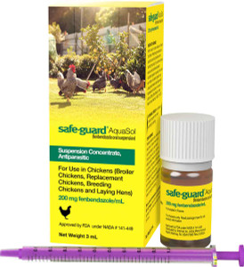 Short, 5-day treatment.
Water chickens with the medicated water first thing in the morning.
Remove all other sources of water until medicated water is consumed.
Safe-Guard AquaSol has no withdrawal period for eggs or meat when used as directed.
The only FDA-Approved chicken dewormer for home use.
Safe-Guard AquaSol is used for the treatment and control of adult Ascaridia galli in broiler chickens and replacement chickens and for the treatment and control of adult A. galli and Heterakis gallinarum in breeding chickens and laying hens. Short, 5-day treatment.
Water chickens with the medicated water first thing in the morning.
Remove all other sources of water until medicated water is consumed.
Safe-Guard AquaSol has no withdrawal period for eggs or meat when used as directed.
The only FDA-Approved chicken dewormer for home use.
Safe-Guard AquaSol is used for the treatment and control of adult Ascaridia galli in broiler chickens and replacement chickens and for the treatment and control of adult A. galli and Heterakis gallinarum in breeding chickens and laying hens.