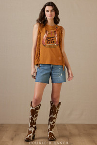 THIS TOP IS SO MUCH MORE THAN A TANK.
Stir up a little commotion with the Stirrup Social Club Top! It has a sleeveless relaxed fit silhouette that makes it so easy-breezy to wear for summer, and it’s embellished with embroidery to accent the print of the scaled up stirrup, flanked with fringe, and finished with studding and a cool concho accent.
color: pecan
content: 100% cotton
embellishments: fringe, printing, embroidery, studding
fit: loose fit tank
style number: T4077
collection: Rhinestone Suits & Cowboy Boots THIS TOP IS SO MUCH MORE THAN A TANK.
Stir up a little commotion with the Stirrup Social Club Top! It has a sleeveless relaxed fit silhouette that makes it so easy-breezy to wear for summer, and it’s embellished with embroidery to accent the print of the scaled up stirrup, flanked with fringe, and finished with studding and a cool concho accent.
color: pecan
content: 100% cotton
embellishments: fringe, printing, embroidery, studding
fit: loose fit tank
style number: T4077
collection: Rhinestone Suits & Cowboy Boots