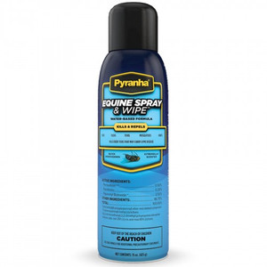 Pyranha Equine Spray N Wipe now in an aerosol can is a water based formula that has a quick knockdown of flies and other insects. Pyranha Equine Spray N Wipe now in an aerosol can is a water based formula that has a quick knockdown of flies and other insects.