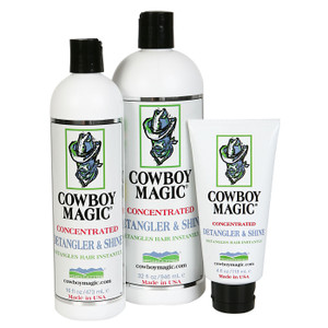Cowboy Magic Detangler Shine contains a concentrated formula of silk proteins to remove all types of hair knots, tangles or even dreadlocks. Not only will it save your horse's mane and tail from damage, it will also save you time. This alcohol free formula adds a high reflecting shine after brushing and leaves no oily residue. Cowboy Magic Detangler Shine contains a concentrated formula of silk proteins to remove all types of hair knots, tangles or even dreadlocks. Not only will it save your horse's mane and tail from damage, it will also save you time. This alcohol free formula adds a high reflecting shine after brushing and leaves no oily residue.