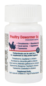 Poultry Dewormer 5x (Fenbendazole capsules) Eliminates many different types of intestinal parasites. Conveniently dosed beef flavored capsules that can be added to feed, spread over food or given orally. A G.I. Supplement that can be used to treat internal parasites. Same active ingredient as SafeGuard®. One capsule will treat 4-7 lb bird. 20 capsules per cannister. Shop affordable and best price Poultry Products at Pilot Point Feed Store. If we don't have it, we will get it! Poultry Dewormer 5x (Fenbendazole capsules) Eliminates many different types of intestinal parasites. Conveniently dosed beef flavored capsules that can be added to feed, spread over food or given orally. A G.I. Supplement that can be used to treat internal parasites. Same active ingredient as SafeGuard®. One capsule will treat 4-7 lb bird. 20 capsules per cannister. Shop affordable and best price Poultry Products at Pilot Point Feed Store. If we don't have it, we will get it!