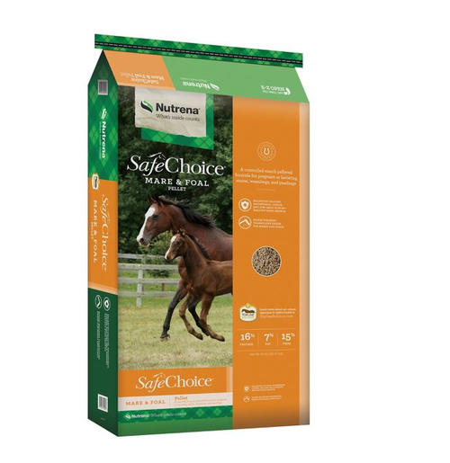 Nutrena SafeChoice Mare and Foal Horse Feed is a controlled starch feed for pregnant or lactating mares and growing horses through the second year. Broodmares and their foals need extra love and extra-special nourishment, and the foal horse feed is the perfect solution. This horse feed is specifically formulated to give broodmares the enhanced nutrition they need during gestation and lactation.   Shop Affordable, Best Price and Deal on all your SafeChoice Mare & Foal and Nutrena Feeds at Pilot Point Feed Store.  We're your go-to Nutrena Dealer.