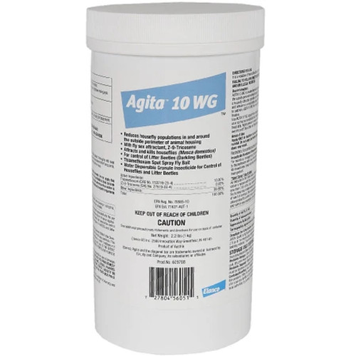 Agita 10 WG is a water dispersible granule insecticidal bait formulation for the reduction of housefly populations in and around the outside perimeter of animal housing. The combination of a neonicotinoid insecticide, with both contact and stomach modes of action and a housefly attractant provides an effective fly bait formula that encourages both male and female houseflies to remain in treated areas and consume a contact lethal dose of the bait. Use spray suspension immediately after mixing. Contains Z-9-Tricosene and Thiamethoxam.