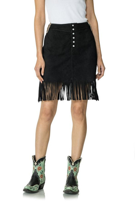 TALK ABOUT SOME SOUTHWESTERN SASS!
 This gorgeous goat suede skirt has a whole lot to love. From the classic western buckles that adorn each hip to the pearl snap fly to the suede fringe hem, it’s just statement enough to stand out and simple enough to become a classic, timeless staple for decades to come.