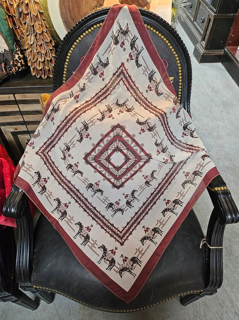 Enjoy this bold, soft scarf from Tasha Polizzi.  

Shop Affordable, Best Price and Deals on Fashion Clothing at Pilot Point Feed Store.  Always find Trendy, Stylish and Popular clothing in our Boutique!

Red and beige base with continuing cowgirl and horse images and geometric accents

28"x28"