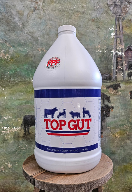 Top Gut is a uniquely formulated microbial solution tailored to optimize gut health and boost feed efficiency in all livestock-Improves feed appetite

-Increases pound per day gain

-Very economical -1 Gallon lasts 127 days per animal (approx. .25 cents per day/animal)

-100% all natural ingredients including two different genera of bacillus bacteria

-Manages PH level in the rumen

-Comes in a 1 gallon bottle