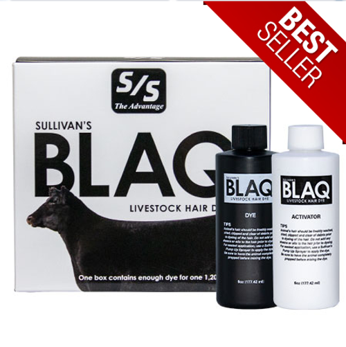 Refresh your animal's hair back to a long lasting, brilliant black with Sullivan's BLAQ livestock dye. BLAQ was specifically formulated to be a long-lasting dye that, when used properly, won’t irritate the skin and hide of the animal.
