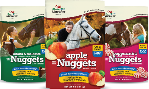 Manna Pro Bite-Size Nuggets are a wholesome and nutritious way to reward your good horse, mini, or pony while training, after a ride, or during competition. These tasty treats fit in your pocket for quick rewards, and come in four flavors that horse love.  Shop affordable and  best priced Horse Treats at Pilot Point Feed Store!