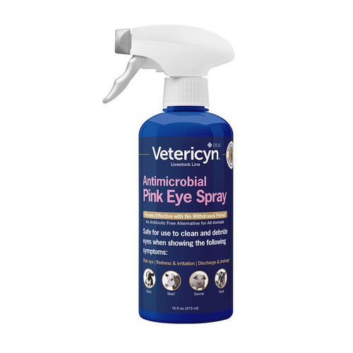 Vetericyn Plus® Pink Eye Spray is specially formulated for irritated eyes showing signs of Pink Eye. Based on advanced hypochlorous technology, Vetericyn Plus® Pink Eye Spray is formulated at an appropriate pH level and will not burn or sting. Apply to eyes to provide relief from irritation, burning, stinging, itching, pollutants and other foreign materials. Also, use to wash away mucus secretions and discharge. This product is also helpful for symptoms of conjunctivitis (Pink Eye), eye abrasions, and eye irritation. The trigger spray applicator facilitates application directly to the eye and is safe for all animal species of all ages, and life stages. From your home to the farm or ranch, Vetericyn makes caring for your livestock simple and easy. Shop affordable and best price Animal Health products at Pilot Point Feed Store! Vetericyn Plus® Pink Eye Spray is specially formulated for irritated eyes showing signs of Pink Eye. Based on advanced hypochlorous technology, Vetericyn Plus® Pink Eye Spray is formulated at an appropriate pH level and will not burn or sting. Apply to eyes to provide relief from irritation, burning, stinging, itching, pollutants and other foreign materials. Also, use to wash away mucus secretions and discharge. This product is also helpful for symptoms of conjunctivitis (Pink Eye), eye abrasions, and eye irritation. The trigger spray applicator facilitates application directly to the eye and is safe for all animal species of all ages, and life stages. From your home to the farm or ranch, Vetericyn makes caring for your livestock simple and easy. Shop affordable and best price Animal Health products at Pilot Point Feed Store!