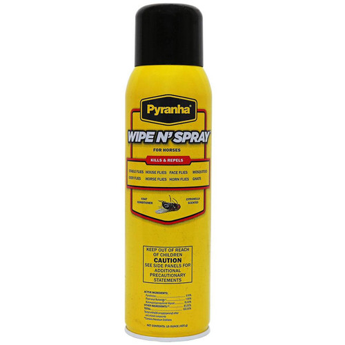 Pyranha Wipe N Spray 15oz is a triple action fly spray- kills, repels, and conditions. Easy and convenient application, a grooming aid and coat conditioner. Use directly on animals and premises. Oil Based. Controls stable flies, horse flies, deer flies, houseflies, horn flies, gnats and mosquitoes. Simply apply and brush out just before entering the show pen for unbeatable fly-fighting power and lustrous eye-catching sheen.  Shop Best Price and Affordable Pyranha Fly Sprays at Pilot Point Feed Store.  Large selection on Fly Protect available!
