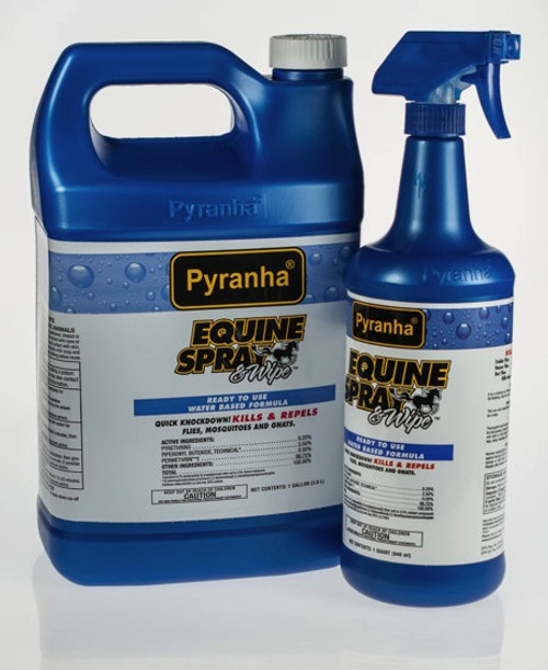 Pyranha Equine Spray and Wipe is a water-based, advanced horse fly spray that quickly kills and repels flying and biting insects like mosquitoes, flies, gnats and others.   Won't attract dust like the oil-based products.   Shop Affordable and Best Price Pyranha and other Fly Protection at Pilot Point Feed Store!
