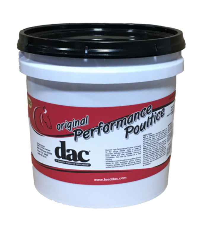 Superior High-Performance Poultice formulated for the equine athlete. Apply to areas of soreness, stiffness and swelling in the lower limbs before and after exercise, training, or competition. Can also be applied as a hoof packing.  All-natural creamy smooth and soothing formula allows for daily application without irritation. Contains specially blended all-natural mineral fortified kaolinitic clays for superior performance.   Shop Affordable, Best Price and Deals on all your DAC Products at Pilot Point Feed Store.  We're your local DAC Dealer!