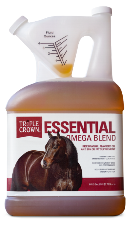 Triple Crown Essential Omega Blend is a unique combination of rice bran oil, flaxseed oil and soy oil. The Omega-3 fatty acids are required for optimal immune system function and improved hair and hoof condition, while Omega-6 fatty acids are effectively used for extra calories by hardworking horses or hard keepers.  A HIGH FAT SUPPLEMENT. IDEAL FOR BALANCING OMEGA-3 AND OMEGA-6 FATTY ACIDS IN ALL HORSES.  Shop Affordable, Best Price and Deal on Triple Crown Horse Feed and Supplements at Pilot Point Feed Store.  We're your local Triple Crown Dealer! Triple Crown Essential Omega Blend is a unique combination of rice bran oil, flaxseed oil and soy oil. The Omega-3 fatty acids are required for optimal immune system function and improved hair and hoof condition, while Omega-6 fatty acids are effectively used for extra calories by hardworking horses or hard keepers.  A HIGH FAT SUPPLEMENT. IDEAL FOR BALANCING OMEGA-3 AND OMEGA-6 FATTY ACIDS IN ALL HORSES.  Shop Affordable, Best Price and Deal on Triple Crown Horse Feed and Supplements at Pilot Point Feed Store.  We're your local Triple Crown Dealer!