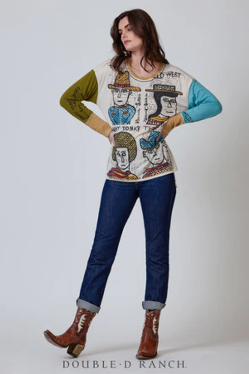 A WEARABLE WHO’S WHO OF COWPOKE CHARACTERS!

This unforgettable wearable work of art was created in collaboration with the brilliant Bruce Lee Webb, a remarkably talented artist out of Waxahachie whose one-of-a-kind “Western Picasso” -style cowboys are pervasive throughout this collection. This pretty pearl snap is long-sleeved and lightweight, full of color and character, and finished with crisp contrasting black cording, cuffs, and collar.

color: print
content: 75% poly, 25% rayon
embellishments: 
size: S.M.L.XL
fit: slim
style number: T3838
collection: Cowpoke U