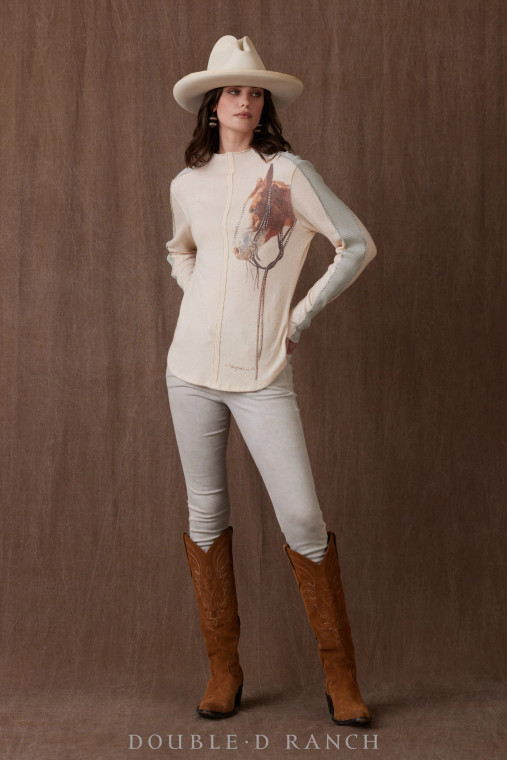 COZY-CHIC WITH COWGIRL FLAIR.
There’s a whole lot to love about this long-sleeved top. The ultra-modern silhouette is complemented by cool color-blocking and features a horse head in profile embellished with beading. Easy to wear, easy to love!

color: bone
content: 45% rayon, 45% acrylic, 10% poly
embellishments: printing, ribbing on sleeves, beading
fit:   Ultra slim fit, mock t-neck
style number: T4017
collection: Gentry Road Holiday