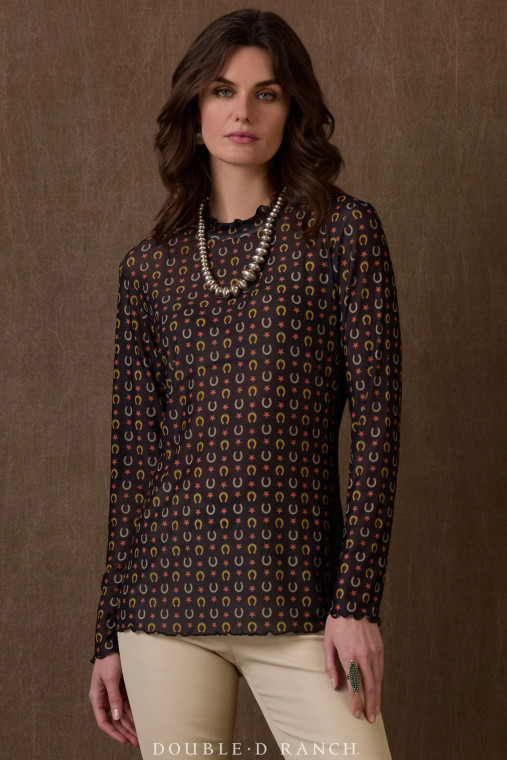 THE ULTIMATE TOUCH OF TWANG TO ADD TO ANY OUTFIT.
 
We love this top for lots of reasons, but the top one might be its layerability. Picture this precious horseshoe print peeking out from beneath a poncho, a pearl snap, or a statement vest. Don’t get us wrong, it works really well on its own, but the sheer fabric lends itself to layering without getting too bulky.
color: print
content: 95% poly, 5% spandex
fit: Slim fit
style number: T4103
collection: Atomic Ranch THE ULTIMATE TOUCH OF TWANG TO ADD TO ANY OUTFIT.
 
We love this top for lots of reasons, but the top one might be its layerability. Picture this precious horseshoe print peeking out from beneath a poncho, a pearl snap, or a statement vest. Don’t get us wrong, it works really well on its own, but the sheer fabric lends itself to layering without getting too bulky.
color: print
content: 95% poly, 5% spandex
fit: Slim fit
style number: T4103
collection: Atomic Ranch