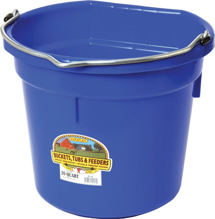 Little Giant Flat-Back buckets are a favorite on farms and ranches everywhere. The Flat-Back fits more compactly for hanging against a wall or fence, plus it makes hauling heavy loads a lot easier. Our buckets are made from polyethylene resin that is impact resistant, protects against warpage, and helps prevent stress cracks. This bucket features a heavy-duty wire bail with notch for hanging, and stacking ribs so the pails come part easier when stacked. 14.75 inch diameter by 13 inch high, holds 20 quarts (5 gallons). Available in many other colors and sizes.  Shop Best Deals and Affordable Price Barn & Tack Supplies and Buckets at Pilot Point Feed Store! Your One-Stop-Shop!