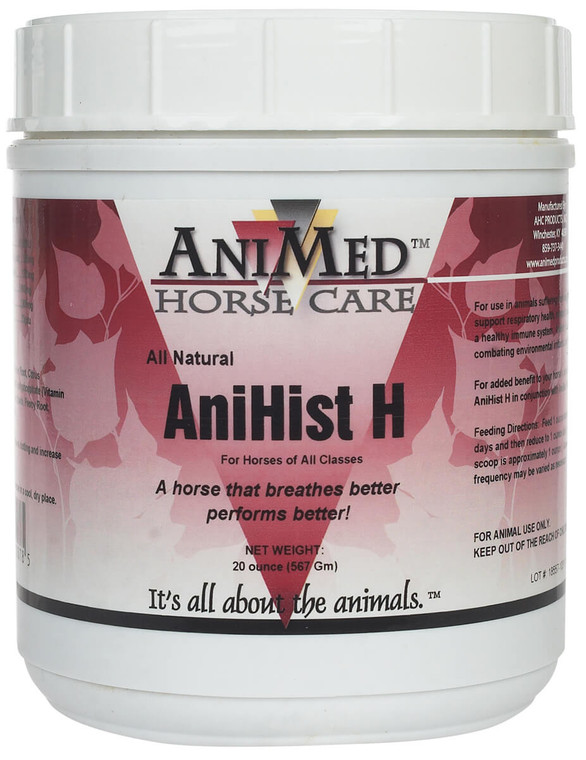 AniHist H provides all-natural support to help your horse breathe better. It aids in combating seasonal allergies and environmental pollutants. In addition, its unique powder blend of ingredients, which includes peony root, ginger, choline chloride, and Vitamins D and C, support overall respiratory health, normal histamine levels, and a healthy immune system in horses.  

 