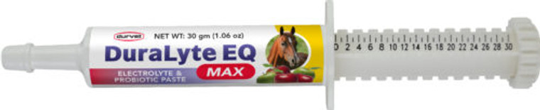 DuraLyte EQ Max is a unique probiotic and electrolyte formulation that helps Increase gut health, Rehydrating, Contains vitamins and minerals to support essential body functions, Easy to use tube and Apple flavored for a taste horses will love!  Shop affordable and best price Durvet and Animal Health Products at Pilot Point Feed Store! 