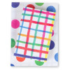 Multiple gifts wrapped in compostable and reversible plaid and dot wrapping paper