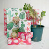 Multiple gifts wrapped in compostable and reversible watercolor cactus wrapping paper