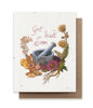 A plantable "get well soon" card with a watercolor design of a mortar and pestle with a kraft envelope