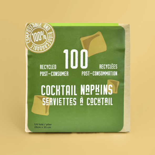 100-Pack of Square Cocktail Napkins 100% Compostable from 100% Post-Consumer Recycled Paper