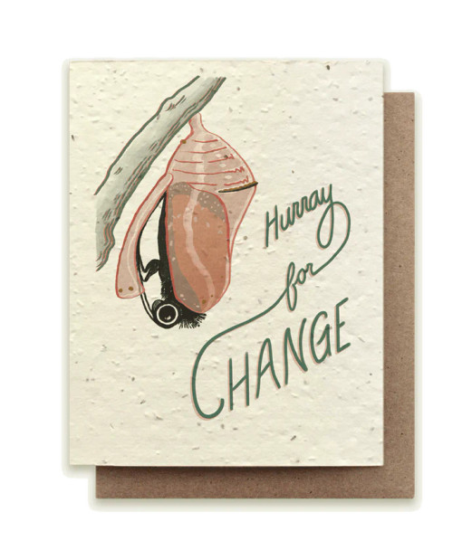 Hurray for Change butterfly in chrysalis seeded card