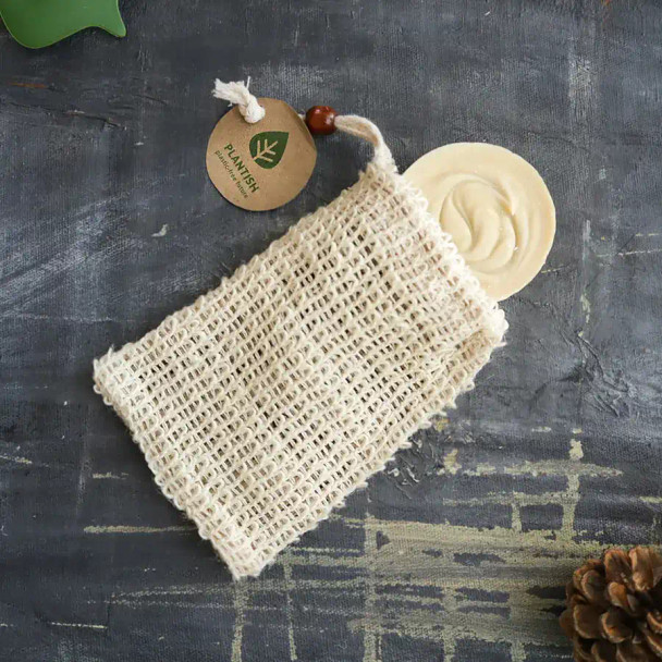 One All-Natural Sisal Fiber Soap Saver Bag with soap in it