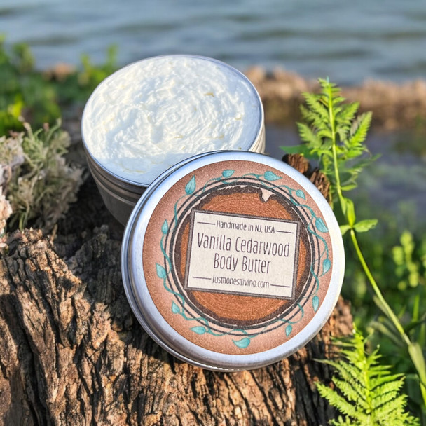 Whipped body butter in a vanilla cedarwood scent