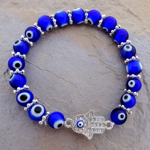 Hamsa Eye Royal Blue Round Bead Stretch Bracelet