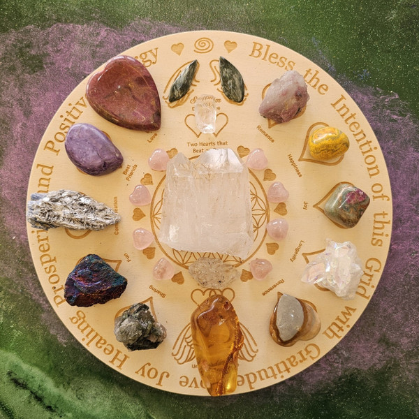 Example of Manifesting Love, Soulmate, Romance Grid with Suggested Crystals (crystals can be added, prices vary, we encourage a free custom consultation to create your special grid, call 310 374-2153 landline, no texts please)
