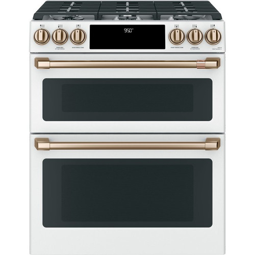 Cafe ADA 30 In. Matte White With Brushed Bronze Smart Slide-In Front Control Dual-Fuel Double-Oven Range With Convection