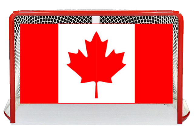 Hockey goal with the Canadian flag across the net