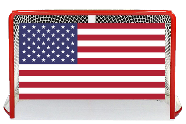Hockey goal with the United States flag across the net
