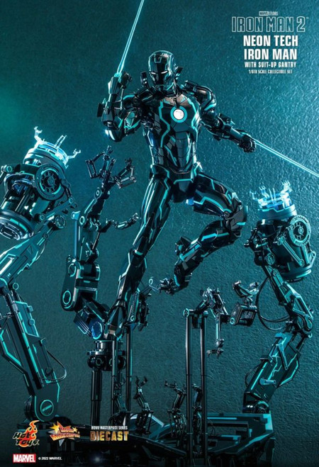 Iron Man - Neon Tech with Suit-up Gantry 1:6 Scale Figure

Note: This product is expected to ship: Jan 2023 - Jun 2023

Hot Toys Neon Tech inspired collection approaches the icons in MCU by reimagining them as collectibles for the modern moment. Blending vibrant, bright colors into the sophisticated suits found in Tony Stark's workshop, the cutting-edge Iron Man armor overlayed with light-enhancing element showcases a stylish intersection of Pop Culture and Neon Art.

To further expand your unique displays, Hot Toys is delighted to present a new 1/6th scale Neon Tech Iron Man with Suit-Up Gantry collectible set, a fascinating masterpiece that is instantly eye-catching.

The diecast Neon Tech Iron Man figure stands approximately 32cm tall features an amazingly detailed armor in piano black and teal color applied with distinct luminous reflective patterns, LED light-up design on eyes, palms, lower chest and forearms, two sets of interchangeable forearm armors, and a pair of attachable lasers.

The Suit-Up Gantry that comes together with the Iron Man figure features highly-accurate structure, substantive details, great articulations, all-new paint application with luminous reflective patterns, and LED light-up function to let fans recreate Tony Stark's dazzling entrance from the film!

The 1/6th scale Neon Tech Iron Man Collectible Figure specially features:
- Authentic and detailed likeness of Iron Man in Iron Man 2
- One (1) helmet head with LED light-up function (white light, battery operated)
- Highly-accurate proportion and detailed armor design
- Shiny black and teal colored armor with luminous reflective patterns appearing under specialized LED light unit
- Approximately 32 cm tall
- Over 30 points of enhanced articulations
- Contains diecast material
- Special features on armor:
- LED-lighted circle-shaped Arc Reactor on chest (white light, battery operated)
- LED lights can shine through sides of ribs and forearms (blue light, battery operated)
- One (1) pair of detachable shoulder mounted weapons
- One (1) interchangeable chest armor
- Two (2) sets of interchangeable forearm armor (normal and missile firing)
- One (1) pair of built-in shoulder missile launchers
- Eight (8) pieces of interchangeable hands including:
- One (1) pair of fists
- One (1) pair of hands with articulated fingers and light-up repulsors (white light, battery operated)
- One (1) pair of repulsor firing hands (white light, battery operated)
- One (1) pair of laser firing hands
- Articulated flaps on back of the armor on both legs
- Fully deployable air flaps at back of the armor
- Multi-layered waist armor with enhanced articulations allowing highly flexible movement

Accessory:
- One (1) pair of attachable real-like blue-colored lasers accessories

The 1/6th scale Suit-Up Gantry collectible specially features:
- Authentic and highly detailed Suit-Up Gantry with great articulations and all-new paint application
- Approximately 40cm H x 60cm W x 30cm D
- Multiple light-up areas on gantry base (white light, battery operated)
- Over 80 points of articulations
- Highly accurate mechanical design with realistic cable and wire details
- Five (5) mechanical arms - one (1) left and one (1) right side for disarming the forearm armors with movable rolls, one (1) in the front for disarming the chest armor, one (1) at the back for disarming the helmet, and one (1) at the back for disarming the rear armor
- Four (4) small mechanical arms for disarming the leg armors
- Gantry base with light-up functions (white light, battery operated)

4895228612175