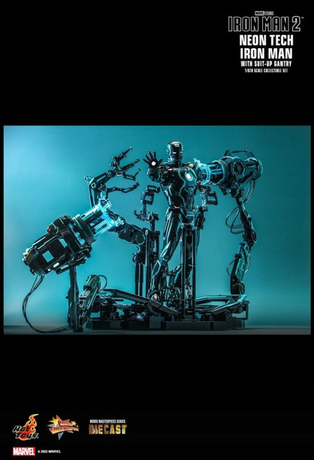 Iron Man - Neon Tech with Suit-up Gantry 1:6 Scale Figure

Note: This product is expected to ship: Jan 2023 - Jun 2023

Hot Toys Neon Tech inspired collection approaches the icons in MCU by reimagining them as collectibles for the modern moment. Blending vibrant, bright colors into the sophisticated suits found in Tony Stark's workshop, the cutting-edge Iron Man armor overlayed with light-enhancing element showcases a stylish intersection of Pop Culture and Neon Art.

To further expand your unique displays, Hot Toys is delighted to present a new 1/6th scale Neon Tech Iron Man with Suit-Up Gantry collectible set, a fascinating masterpiece that is instantly eye-catching.

The diecast Neon Tech Iron Man figure stands approximately 32cm tall features an amazingly detailed armor in piano black and teal color applied with distinct luminous reflective patterns, LED light-up design on eyes, palms, lower chest and forearms, two sets of interchangeable forearm armors, and a pair of attachable lasers.

The Suit-Up Gantry that comes together with the Iron Man figure features highly-accurate structure, substantive details, great articulations, all-new paint application with luminous reflective patterns, and LED light-up function to let fans recreate Tony Stark's dazzling entrance from the film!

The 1/6th scale Neon Tech Iron Man Collectible Figure specially features:
- Authentic and detailed likeness of Iron Man in Iron Man 2
- One (1) helmet head with LED light-up function (white light, battery operated)
- Highly-accurate proportion and detailed armor design
- Shiny black and teal colored armor with luminous reflective patterns appearing under specialized LED light unit
- Approximately 32 cm tall
- Over 30 points of enhanced articulations
- Contains diecast material
- Special features on armor:
- LED-lighted circle-shaped Arc Reactor on chest (white light, battery operated)
- LED lights can shine through sides of ribs and forearms (blue light, battery operated)
- One (1) pair of detachable shoulder mounted weapons
- One (1) interchangeable chest armor
- Two (2) sets of interchangeable forearm armor (normal and missile firing)
- One (1) pair of built-in shoulder missile launchers
- Eight (8) pieces of interchangeable hands including:
- One (1) pair of fists
- One (1) pair of hands with articulated fingers and light-up repulsors (white light, battery operated)
- One (1) pair of repulsor firing hands (white light, battery operated)
- One (1) pair of laser firing hands
- Articulated flaps on back of the armor on both legs
- Fully deployable air flaps at back of the armor
- Multi-layered waist armor with enhanced articulations allowing highly flexible movement

Accessory:
- One (1) pair of attachable real-like blue-colored lasers accessories

The 1/6th scale Suit-Up Gantry collectible specially features:
- Authentic and highly detailed Suit-Up Gantry with great articulations and all-new paint application
- Approximately 40cm H x 60cm W x 30cm D
- Multiple light-up areas on gantry base (white light, battery operated)
- Over 80 points of articulations
- Highly accurate mechanical design with realistic cable and wire details
- Five (5) mechanical arms - one (1) left and one (1) right side for disarming the forearm armors with movable rolls, one (1) in the front for disarming the chest armor, one (1) at the back for disarming the helmet, and one (1) at the back for disarming the rear armor
- Four (4) small mechanical arms for disarming the leg armors
- Gantry base with light-up functions (white light, battery operated)

4895228612175