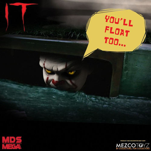 It (2017) - Pennywise 15" Talking Figure

Pennywise The Dancing Clown from IT (2017) has again emerged from the sewer of Derry!

The M.D.S. Mega Scale Talking Pennywise stands at a forbidding 15" tall, is dressed in a real cloth clown suit, is fully articulated and says some of his most nightmare-inducing phrases from the film.

The M.D.S. (Mezco Designer Series) Mega Scale Talking Pennywise figure comes packaged in a collector-friendly window box, perfect for display.

696198430509