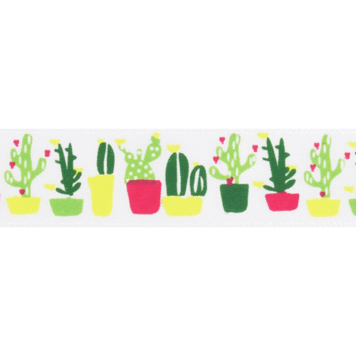 Satin Ribbon White 15mm Wide x 25m Roll with Cactus Print