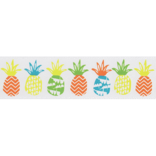 Satin Ribbon White 15mm Wide x 25m Roll with Pineapple Print