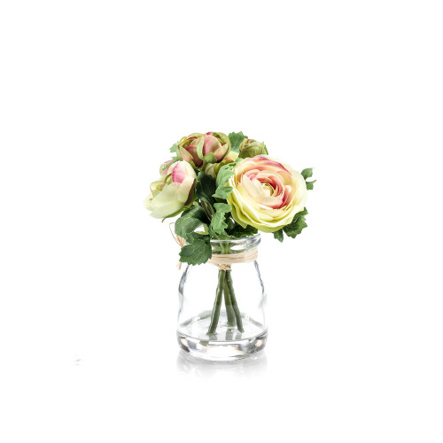 Artificial Silk Cream Pink Green Ranunculus Posy in Glass Jar