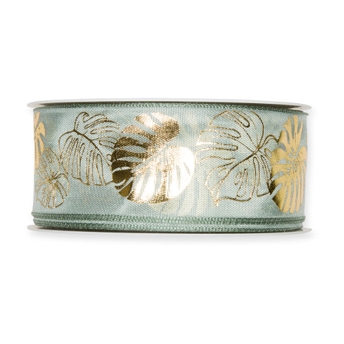 Fabric Ribbon with Gold Cheeseplant Motif Jade