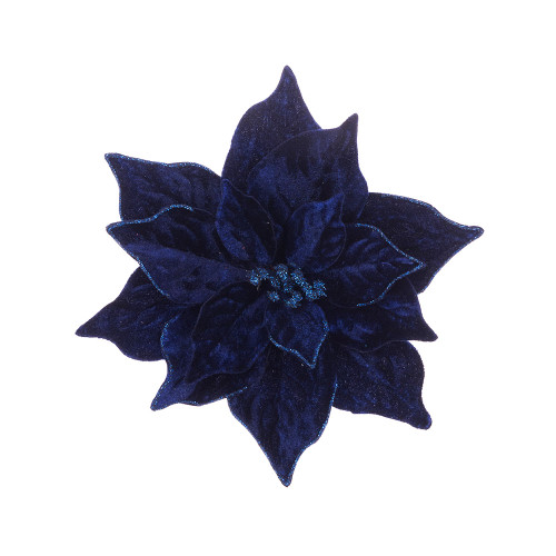 Velvet Luxe Poinsettia Xmas Decoration With Clip Dark Blue