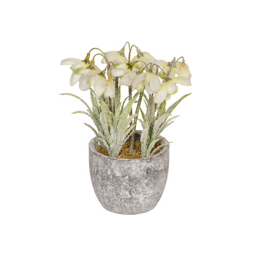 Faux Silk Snowdrop Flowers and Leaves in Pot