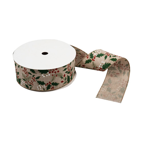 Natural Ribbon with Printed Holly and Berries Design Natural Ribbon with Printed Holly and Berries Design