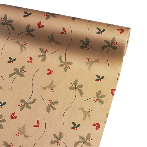 Kraft Paper Roll Natural with Green and Red Holly Print