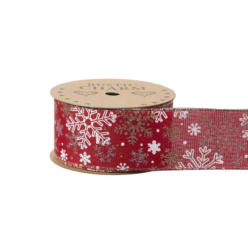 Red Christmas Fabric Ribbon Wired Edge Snowflake Design