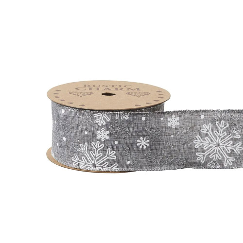 Silver Grey Christmas Fabric Ribbon Wired Edge Snowflake Design
