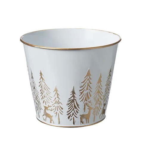 White Metal Bucket With Gold Reindeer and Trees Design